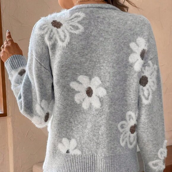 Grey Casual Womens Floral Pattern Drop Shoulder Cardigan - Picture 2 of 5